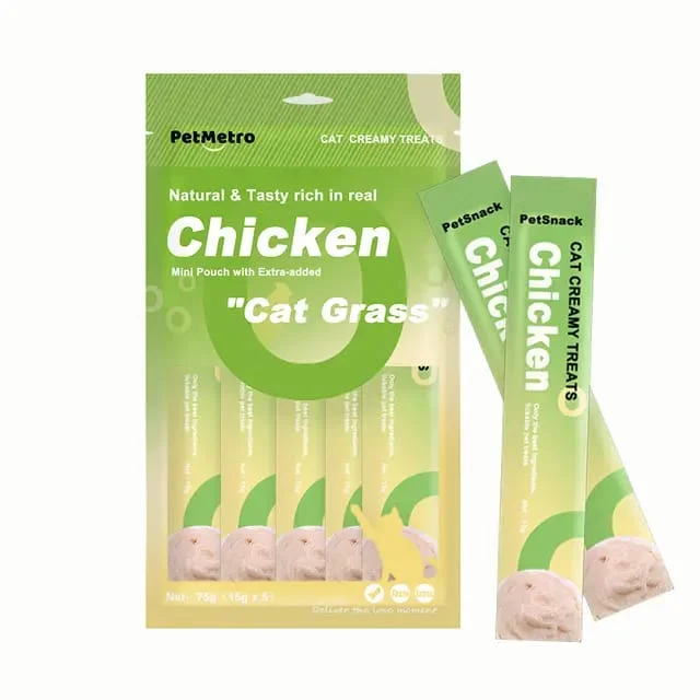 Petmetro cat Creamy Treat Chicken With Extra Added Cat Grass 5pcs 15g