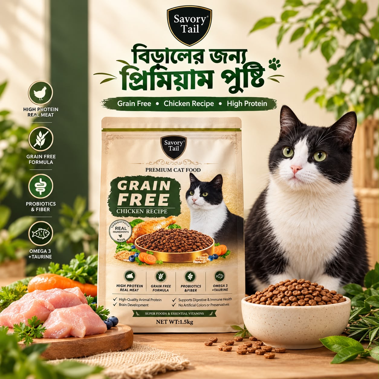 Savory Tail Premium Cat Food – Grain Free Chicken Recipe 1.5kg